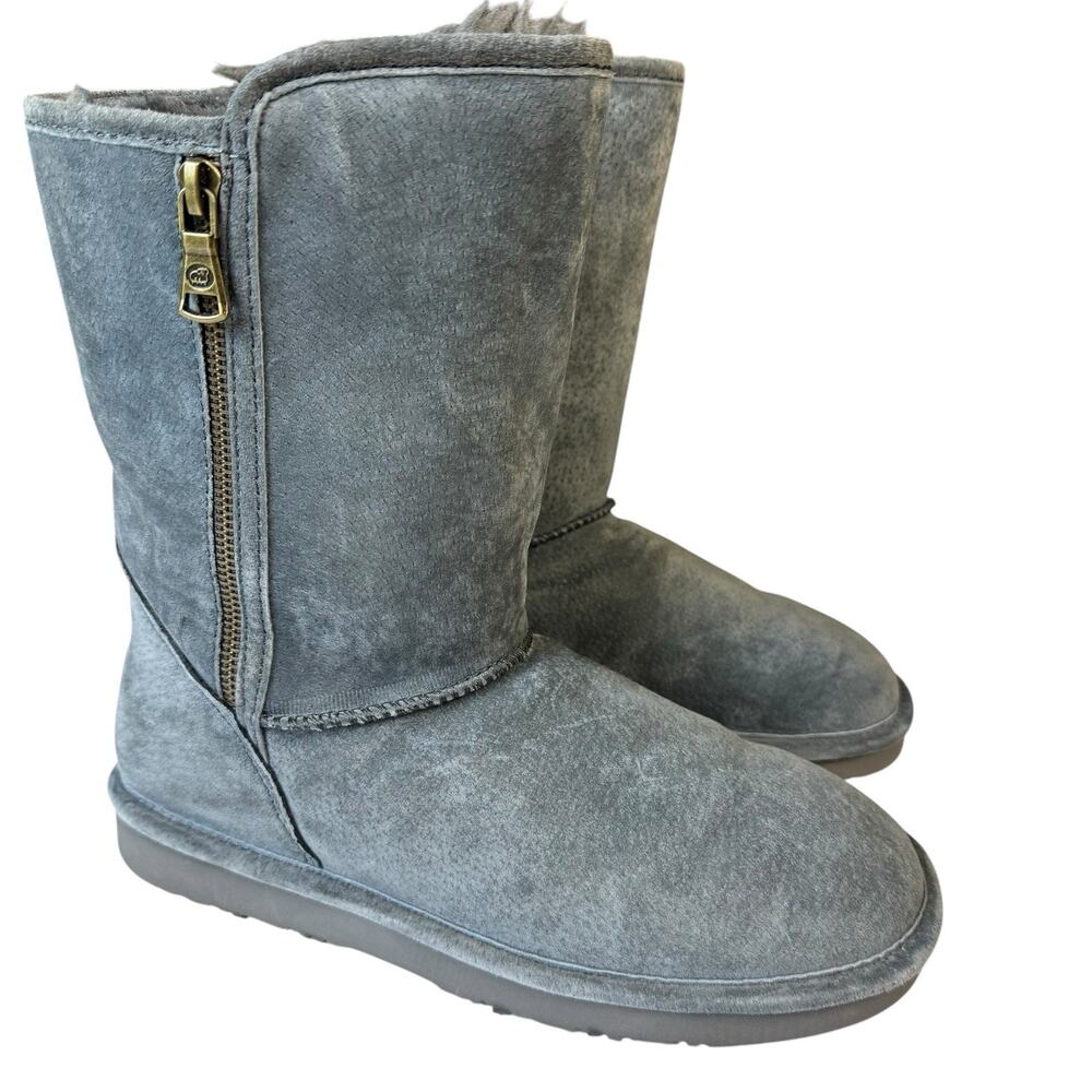 Lamo Zipper Grey Suede Water & Stain Resistant Boots Sz 8 Faux Fur Mid Calf